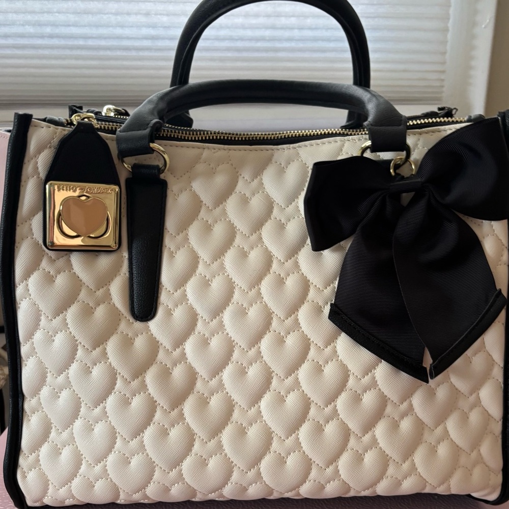 Vintage Betsey Johnson White Quilted Heart Satchel with Black Bow